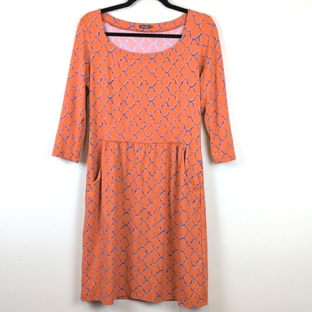 J. McLaughlin Emma Dress Orange Catalina Cloth Print 3/4 length Sleeve Size M
